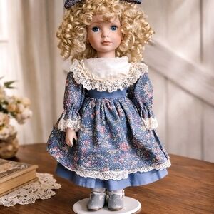 Classic Blue Floral Porcelain Doll with Lace Dress - Blue